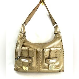 Michael Kors Gold Leather Small Shoulder Bag Whipstitch Brass Logo Flap Pockets